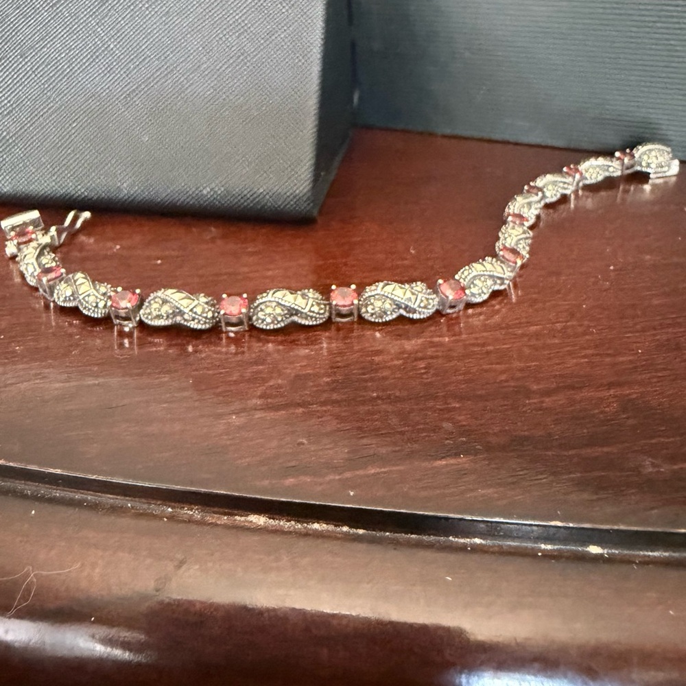 Marcasite and Garnet Sterling Silver Bracelet
